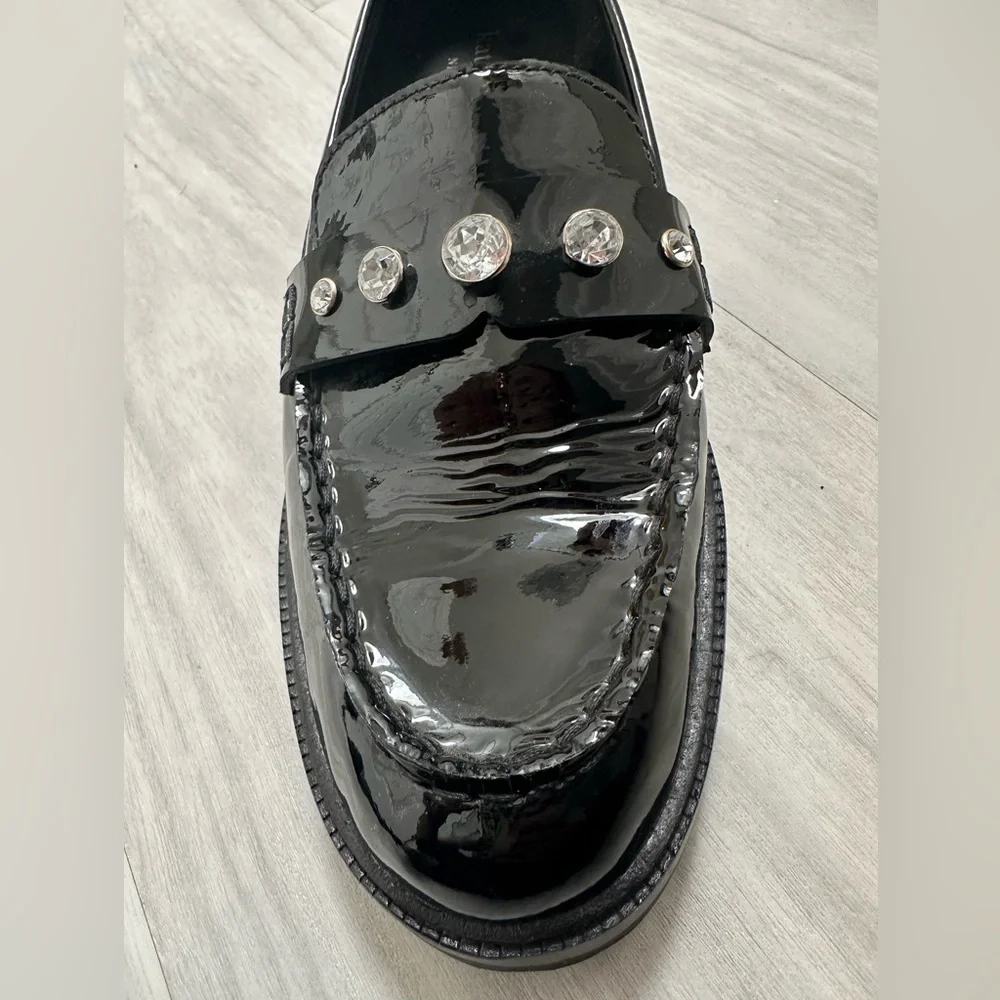 Kate Spade Patent Black Loafers with Rhinestone Accents - Picture 4 of 16